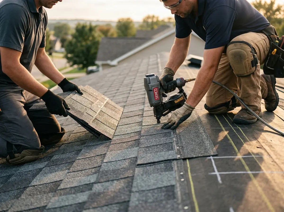 Professional roofer working on a residential roof in Blackman